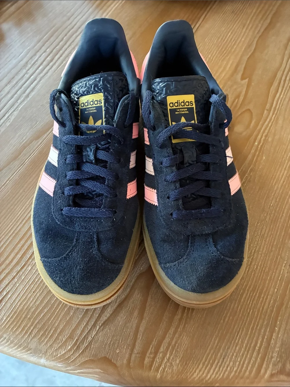 adidas Kids Navy Suede Sneakers with Pink Stripes and Gum Sole